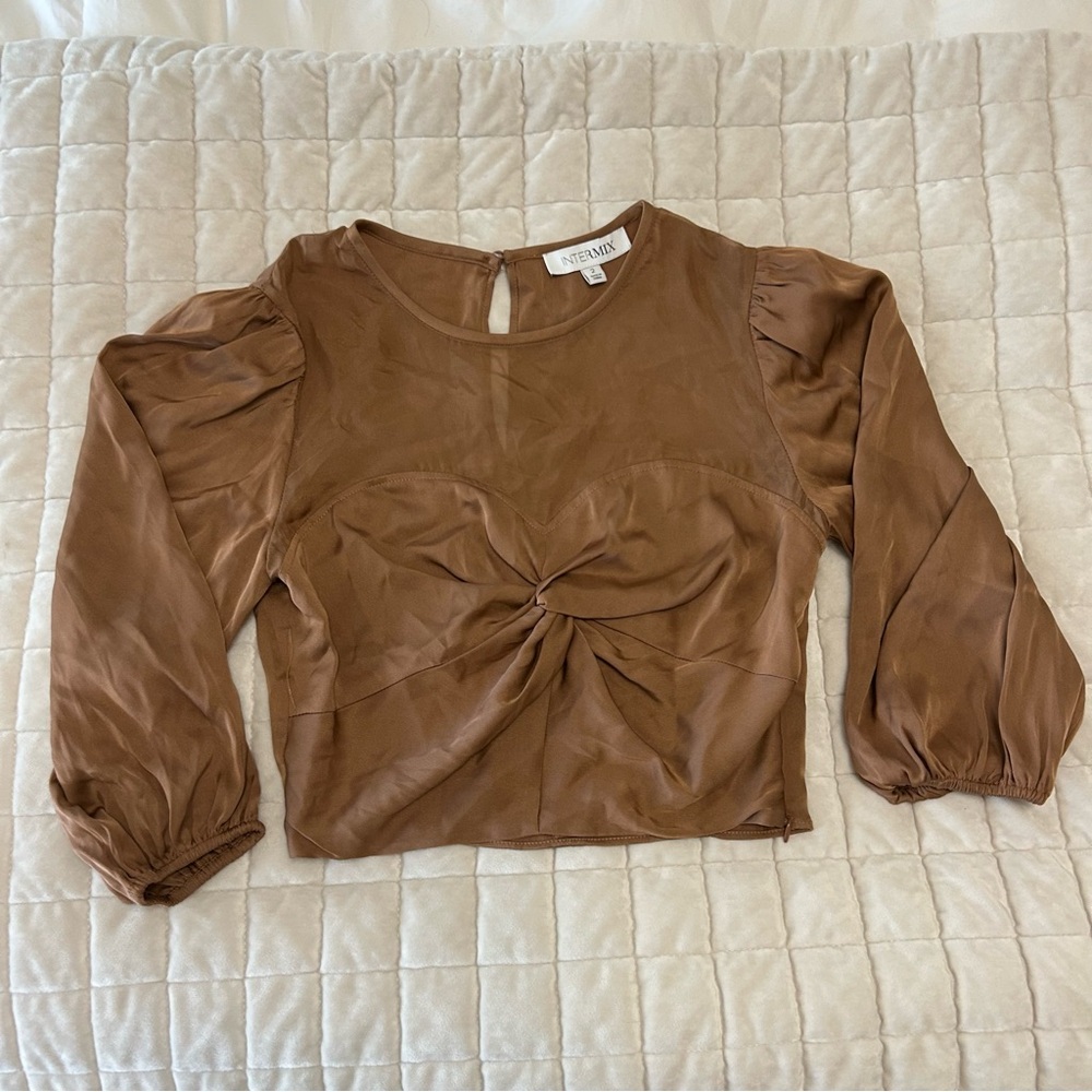 INTERMIX 100% Silk Twist Front Puff Sleeve Blouse Brown Size 2